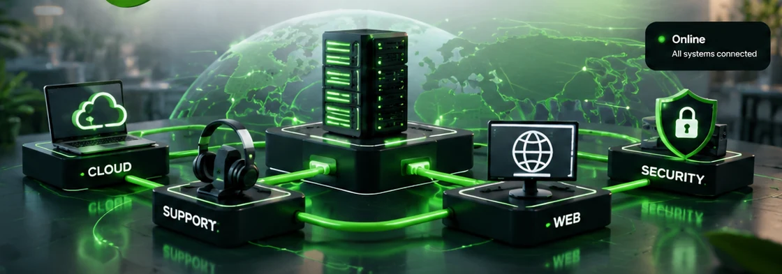 Connected cloud, support, web and security systems around a central server.